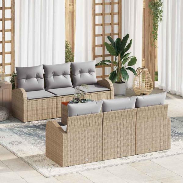 ARDEBO.de - 7-teiliges Garten Sofa Set mit Kissen Beige Poly Rattan Akazie, 2-Sitzer Garten Sofa mit Stauraum & Kissen Beige Poly Rattan