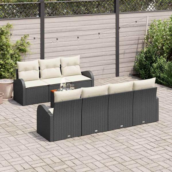 8-teiliges Garten Sofa Set mit Kissen Schwarz Poly Rattan Akazie, 2-Sitzer Garten Sofa mit Stauraum & Kissen Schwarz Poly Rattan