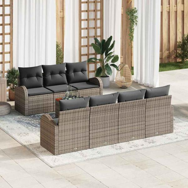 ARDEBO.de - 8-teiliges Garten Sofa Set mit Kissen Grau Poly Rattan Akazie, 2-Sitzer Garten Sofa mit Stauraum & Kissen Grau Poly Rattan
