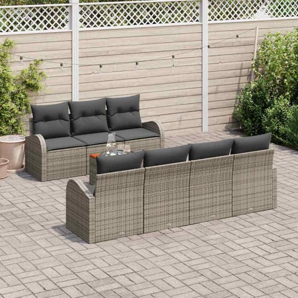 8-teiliges Garten Sofa Set mit Kissen Grau Poly Rattan Akazie, 2-Sitzer Garten Sofa mit Stauraum & Kissen Grau Poly Rattan