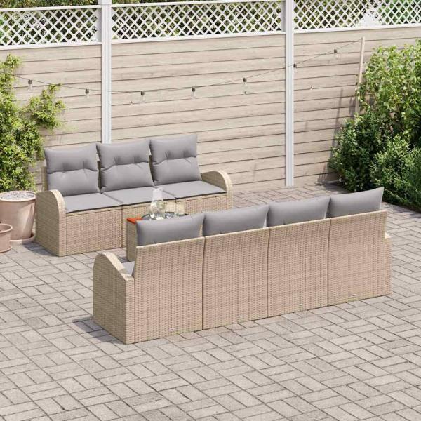 8-teiliges Garten Sofa Set mit Kissen Beige Poly Rattan Akazie, 2-Sitzer Garten Sofa mit Stauraum & Kissen Beige Poly Rattan