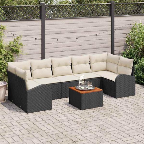 ARDEBO.de - 8-teiliges Garten Sofa Set mit Kissen Schwarz Poly Rattan Akazie, 2-Sitzer Garten Sofa mit Stauraum & Kissen Schwarz Poly Rattan