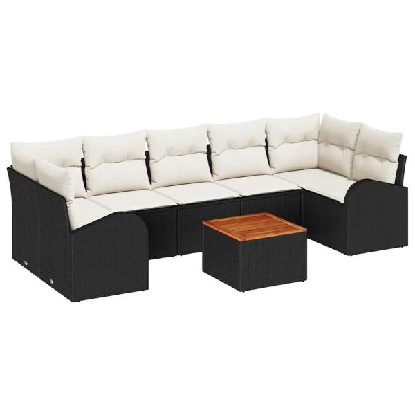 8-teiliges Garten Sofa Set mit Kissen Schwarz Poly Rattan Akazie, 2-Sitzer Garten Sofa mit Stauraum & Kissen Schwarz Poly Rattan