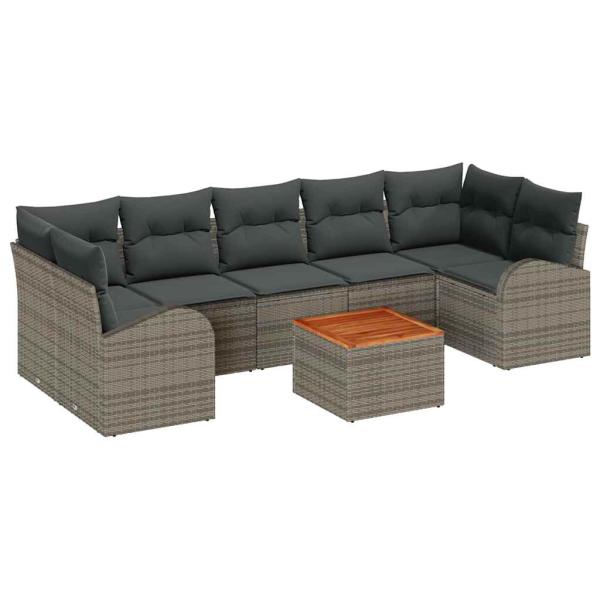 8-teiliges Garten-Sofa-Set mit Kissen Grau Poly Rattan Akazie, 2-Sitzer Garten-Sofa mit Stauraum & Kissen Grau Poly Rattan