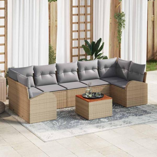 ARDEBO.de - 8-teiliges Garten Sofa Set mit Kissen Beige Poly Rattan Akazie, 2-Sitzer Garten Sofa mit Stauraum & Kissen Beige Poly Rattan