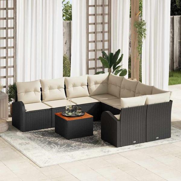 ARDEBO.de - 9-teiliges Garten Sofa Set mit Kissen Schwarz Poly-Rattan Akazie, 2-Sitzer Garten Sofa mit Stauraum & Kissen Schwarz Poly-Rattan