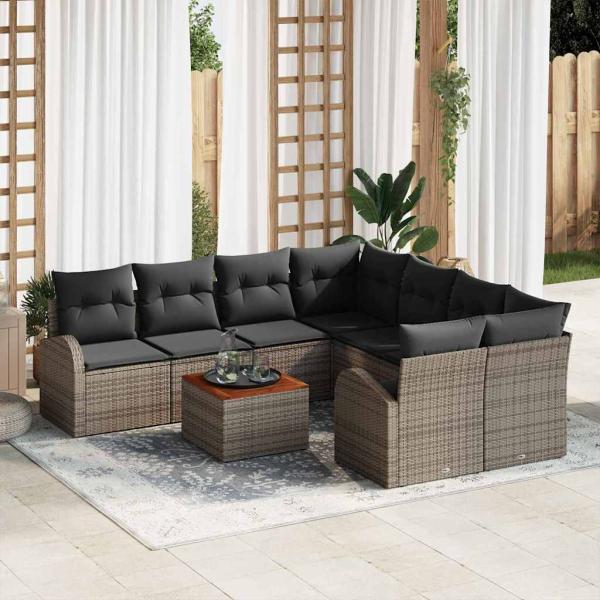 ARDEBO.de - 9-teilige Garten Sofa Set mit Kissen Grau Poly Rattan Akazie, 2-Sitzer Garten Sofa mit Stauraum & Kissen Grau Poly Rattan