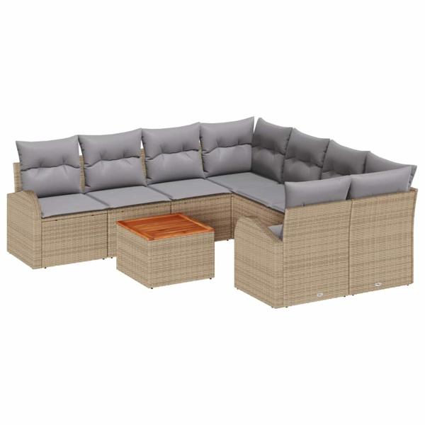9-teilige Garten Sofa Set mit Kissen Beige Poly Rattan Akazie, 2-Sitzer Garten Sofa mit Stauraum & Kissen Beige Poly Rattan