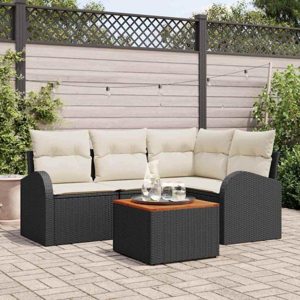 ARDEBO.de - 5-teiliges Garten-Sofaset mit Kissen Schwarzes Poly-Rattan Akazie, 2-Sitzer Garten-Sofa mit Stauraum & Kissen Schwarzes Poly-Rattan