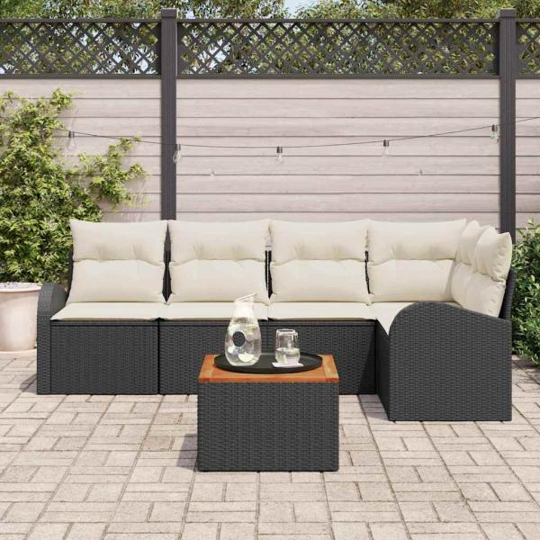6-teiliges Garten Sofa Set mit Kissen Schwarz Poly Rattan Akazie, 2-Sitzer Garten Sofa mit Stauraum & Kissen Schwarz Poly Rattan