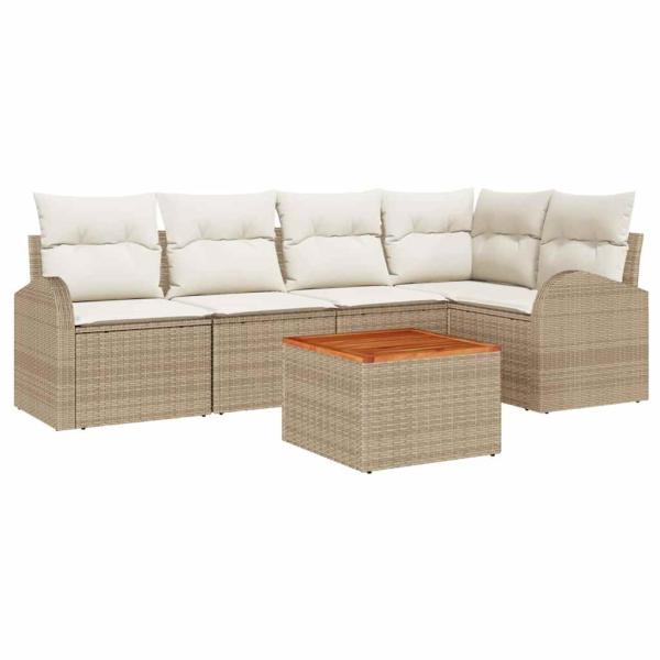6-teiliges Garten Sofaset mit Kissen Beige Poly Rattan Akazie, 2-Sitzer Garten Sofa mit Stauraum & Kissen Beige Poly Rattan