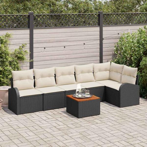 ARDEBO.de - 7-teiliges Garten-Sofa-Set mit Kissen Schwarzes Poly-Rattan Akazie, 2-Sitzer Garten-Sofa mit Stauraum & Kissen Schwarz Poly-Rattan