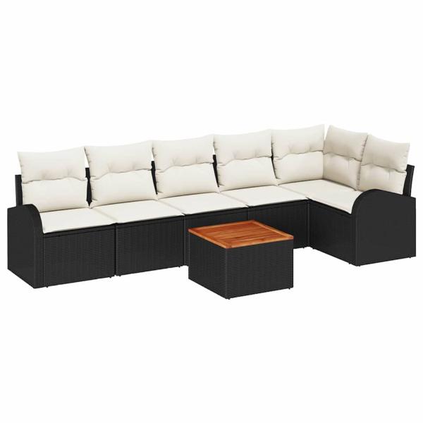 7-teiliges Garten-Sofa-Set mit Kissen Schwarzes Poly-Rattan Akazie, 2-Sitzer Garten-Sofa mit Stauraum & Kissen Schwarz Poly-Rattan