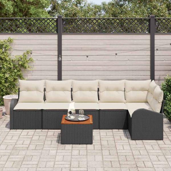 7-teiliges Garten-Sofa-Set mit Kissen Schwarzes Poly-Rattan Akazie, 2-Sitzer Garten-Sofa mit Stauraum & Kissen Schwarz Poly-Rattan