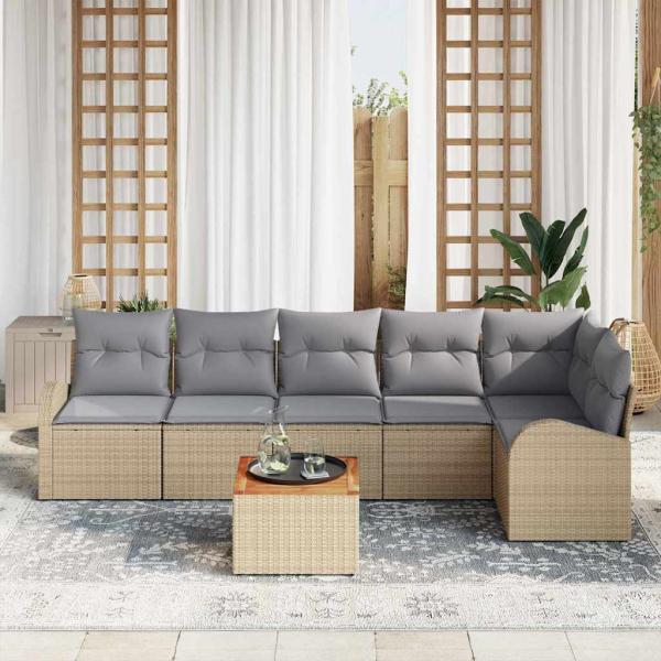 7-Teiliges Garten Sofa Set mit Kissen Beige Poly Rattan Akazie, 2-Sitzer Garten Sofa mit Stauraum & Kissen Beige Poly Rattan