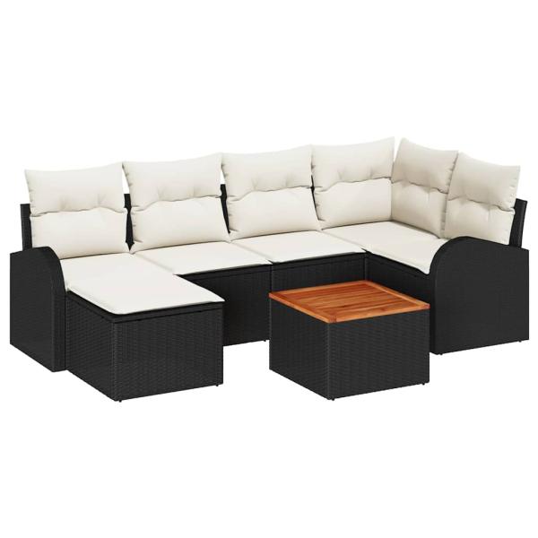 7-teiliges Garten-Sofa-Set mit Kissen Schwarz Poly-Rattan Akazie, 2-Sitzer Garten-Sofa mit Stauraum & Kissen Schwarz Poly-Rattan