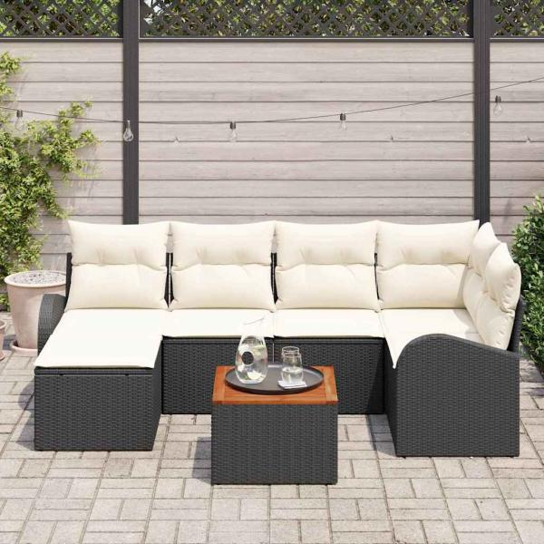 7-teiliges Garten-Sofa-Set mit Kissen Schwarz Poly-Rattan Akazie, 2-Sitzer Garten-Sofa mit Stauraum & Kissen Schwarz Poly-Rattan