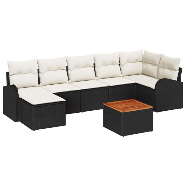 8-teiliges Garten-Sofa-Set mit Kissen in Schwarz aus Poly-Rattan und Akazie, 2-Sitzer Garten-Sofa mit Stauraum und Kissen in Schwarz aus Poly-Rattan
