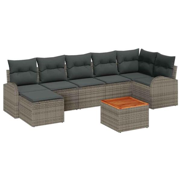 8-teiliges Garten Sofa Set mit Kissen Grau Poly Rattan Akazie, 2-Sitzer Garten Sofa mit Stauraum & Kissen Grau Poly Rattan