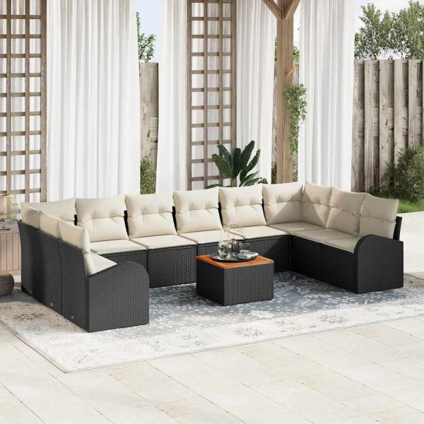 ARDEBO.de - 11-teiliges Garten-Sofa-Set mit Kissen in Schwarz Poly Rattan Akazie, Zweisitzer-Garten-Sofa mit Stauraum und Kissen in Schwarz Poly Rattan