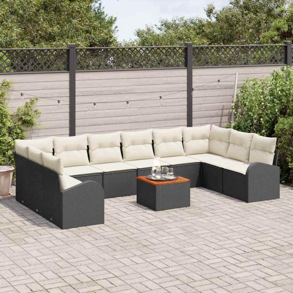 11-teiliges Garten-Sofa-Set mit Kissen in Schwarz Poly Rattan Akazie, Zweisitzer-Garten-Sofa mit Stauraum und Kissen in Schwarz Poly Rattan