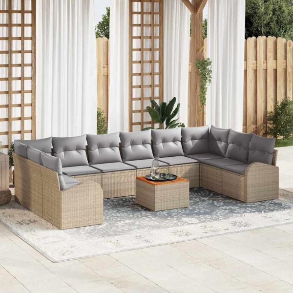 ARDEBO.de - 11-teiliges Garten Sofa Set mit Kissen Beige Poly Rattan Akazie, 2-Sitzer Garten Sofa mit Stauraum & Kissen Beige Poly Rattan