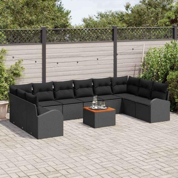 11-teiliges Garten Sofaset mit Kissen schwarz Poly Rattan Akazie, 2-Sitzer Garten Sofa mit Stauraum & Kissen schwarz Poly Rattan