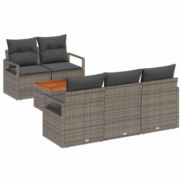 ARDEBO.de - 6-teiliges Garten Sofa Set mit Kissen Grau Poly Rattan Akazie, 2-Sitzer Gartensofa mit Stauraum & Kissen Grau Poly Rattan