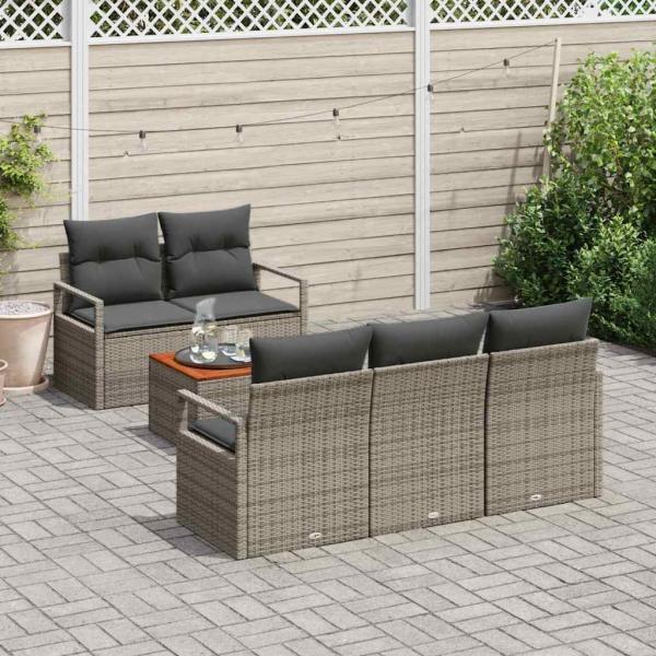 6-teiliges Garten Sofa Set mit Kissen Grau Poly Rattan Akazie, 2-Sitzer Gartensofa mit Stauraum & Kissen Grau Poly Rattan