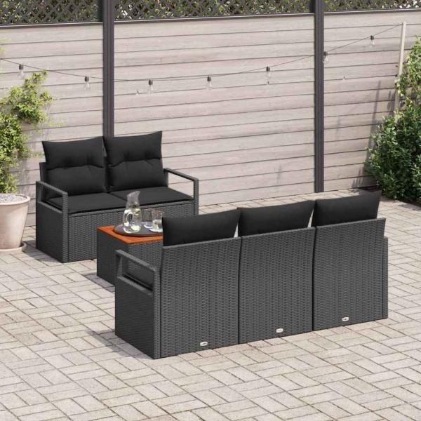 6-teiliges Garten-Sofa-Set mit Kissen Schwarz Poly Rattan Akazie, 2-Sitzer Garten-Sofa mit Stauraum & Kissen Schwarz Poly Rattan