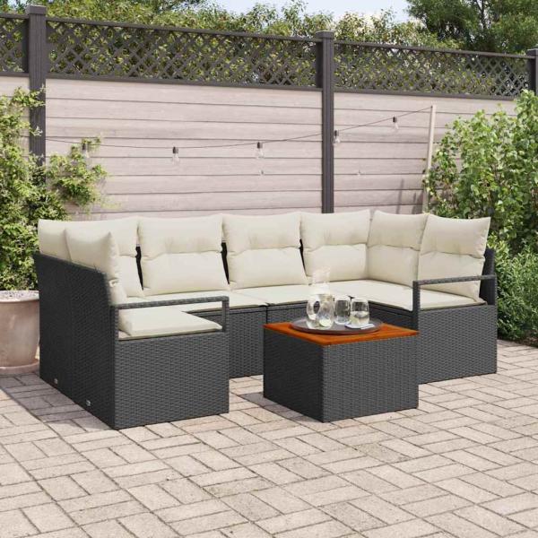 ARDEBO.de - 7-teiliges Garten Sofa Set mit Kissen, Schwarz, Poly-Rattan, Akazie, 2-Sitzer Garten Sofa mit Stauraum & Kissen, Schwarz, Poly-Rattan