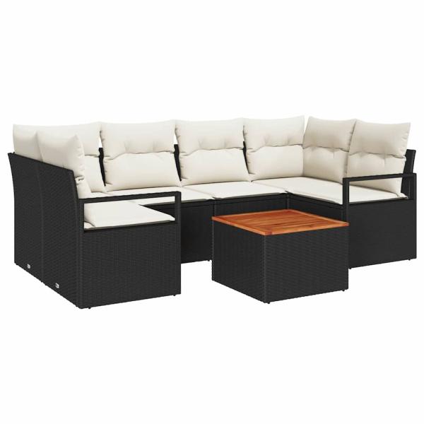 7-teiliges Garten Sofa Set mit Kissen, Schwarz, Poly-Rattan, Akazie, 2-Sitzer Garten Sofa mit Stauraum & Kissen, Schwarz, Poly-Rattan