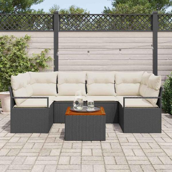 7-teiliges Garten Sofa Set mit Kissen, Schwarz, Poly-Rattan, Akazie, 2-Sitzer Garten Sofa mit Stauraum & Kissen, Schwarz, Poly-Rattan