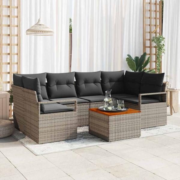 ARDEBO.de - 7-teiliges Garten-Sofaset mit Kissen Grau Poly-Rattan Akazie, 2-Sitzer Garten-Sofa mit Stauraum & Kissen Grau Poly-Rattan