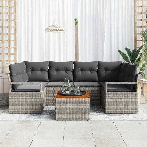 7-teiliges Garten-Sofaset mit Kissen Grau Poly-Rattan Akazie, 2-Sitzer Garten-Sofa mit Stauraum & Kissen Grau Poly-Rattan