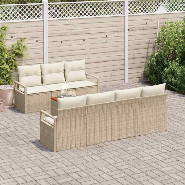 8-teiliges Garten-Sofa-Set mit Kissen Beige Poly Rattan Akazie, 2-Sitzer Garten-Sofa mit Stauraum & Kissen Beige Poly Rattan