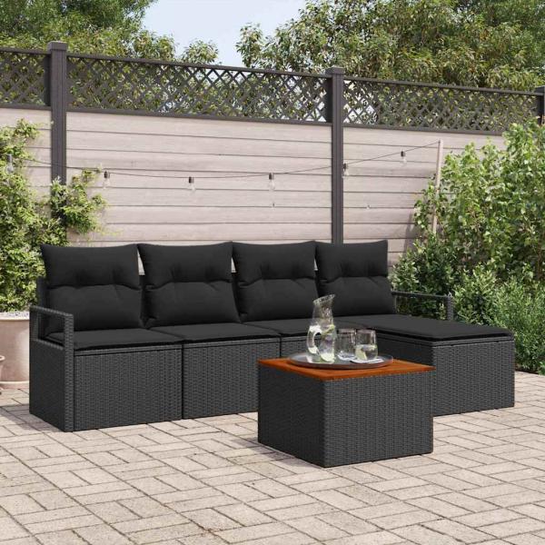 ARDEBO.de - 6-teiliges Garten Sofaset mit Kissen Schwarz Poly Rattan Akazie, 2-Sitzer Garten Sofa mit Stauraum & Kissen Schwarz Poly Rattan