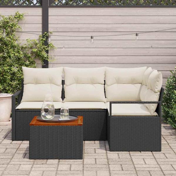 5-teiliges Garten Sofa Set mit Kissen Schwarz Poly Rattan Akazie, 2-Sitzer Garten Sofa mit Stauraum & Kissen Schwarz Poly Rattan
