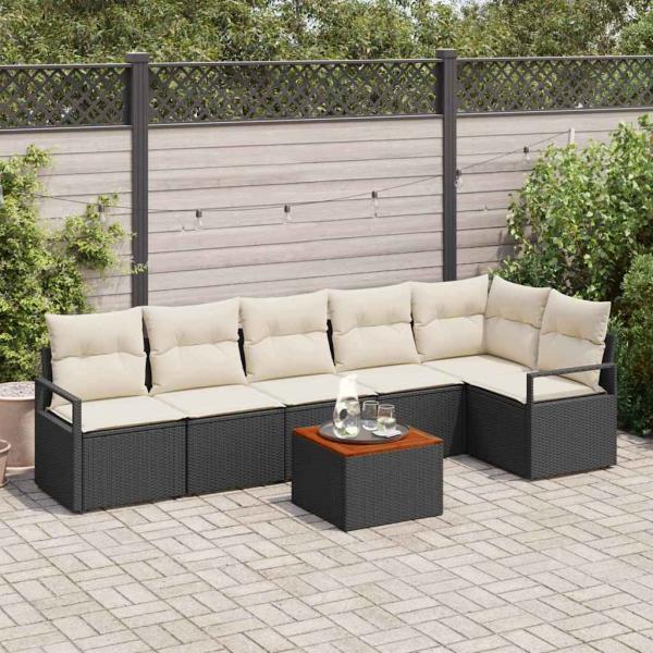 ARDEBO.de - 7-teiliges Garten-Sofa-Set mit Kissen Schwarz Poly-Rattan Akazie, 2-Sitzer Garten-Sofa mit Stauraum & Kissen Schwarz Poly-Rattan