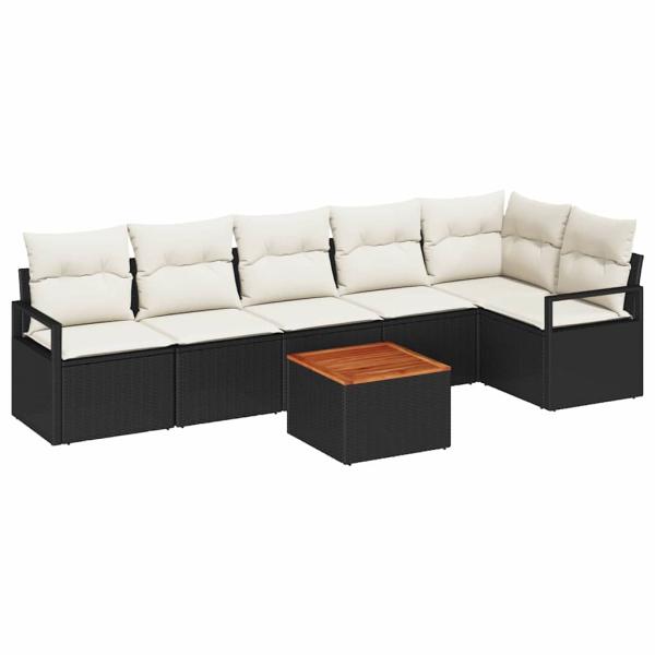7-teiliges Garten-Sofa-Set mit Kissen Schwarz Poly-Rattan Akazie, 2-Sitzer Garten-Sofa mit Stauraum & Kissen Schwarz Poly-Rattan