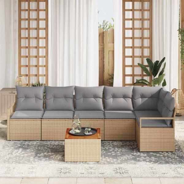 7-teiliges Garten Sofa Set mit Kissen Beige Poly Rattan Akazie, 2-Sitzer Garten Sofa mit Stauraum & Kissen Beige Poly Rattan