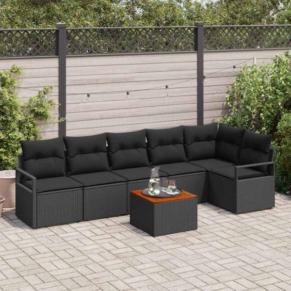 ARDEBO.de - 7-teiliges Garten-Sofa-Set mit Kissen Schwarz Poly-Rattan Akazie, 2-Sitzer Garten-Sofa mit Stauraum & Kissen Schwarz Poly-Rattan