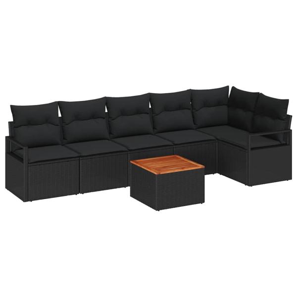 7-teiliges Garten-Sofa-Set mit Kissen Schwarz Poly-Rattan Akazie, 2-Sitzer Garten-Sofa mit Stauraum & Kissen Schwarz Poly-Rattan