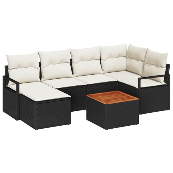 7-teiliges Garten-Sofa-Set mit Kissen Schwarz Poly-Rattan Akazie, 2-Sitzer Garten-Sofa mit Stauraum & Kissen Schwarz Poly-Rattan