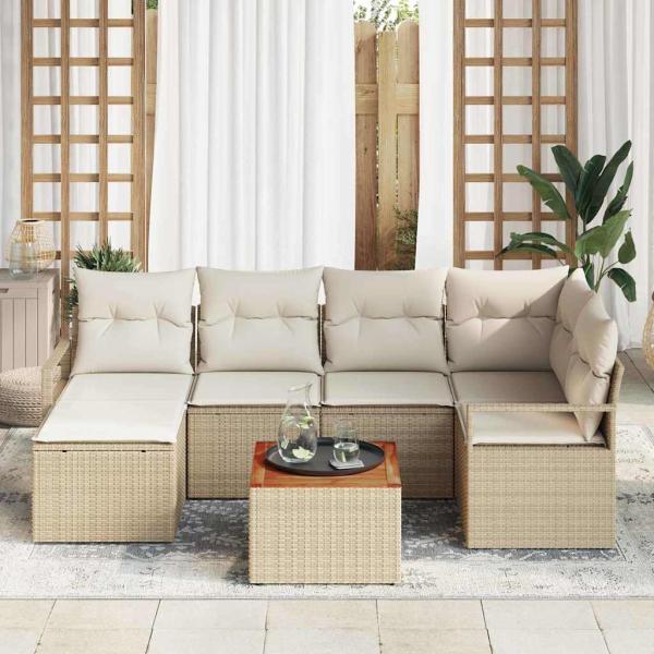 7-teiliges Garten Sofaset mit Kissen Beige Poly Rattan Akazie, 2-Sitzer Garten Sofa mit Stauraum und Kissen Beige Poly Rattan