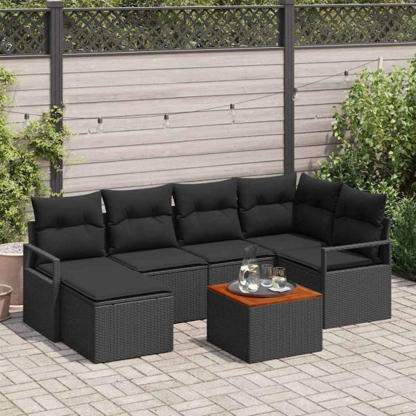 ARDEBO.de - 7-teiliges Garten Sofa Set mit Kissen Schwarz Poly Rattan Akazie, 2-Sitzer Garten Sofa mit Stauraum & Kissen Schwarz Poly Rattan