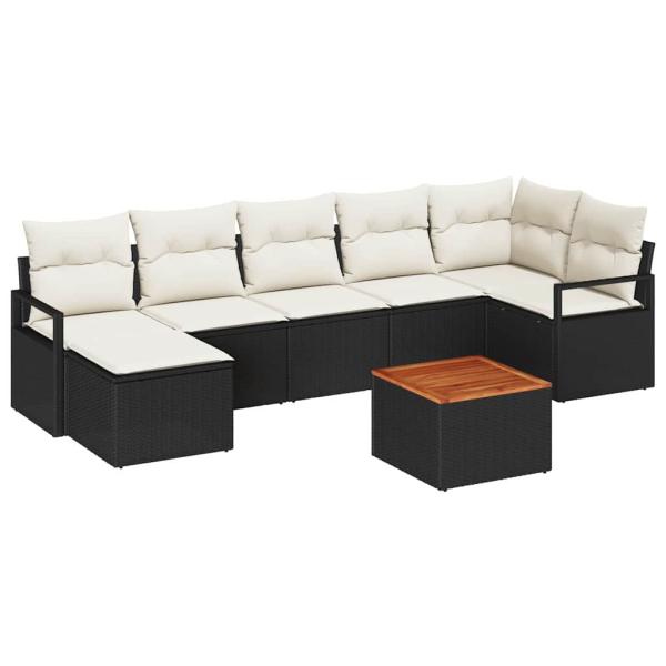 8-teiliges Garten Sofa Set mit Kissen - Schwarz Poly Rattan Akazie, 2-Sitzer Garten Sofa mit Stauraum & Kissen - Schwarz Poly Rattan