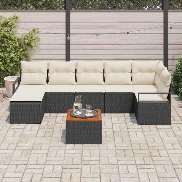 8-teiliges Garten Sofa Set mit Kissen - Schwarz Poly Rattan Akazie, 2-Sitzer Garten Sofa mit Stauraum & Kissen - Schwarz Poly Rattan