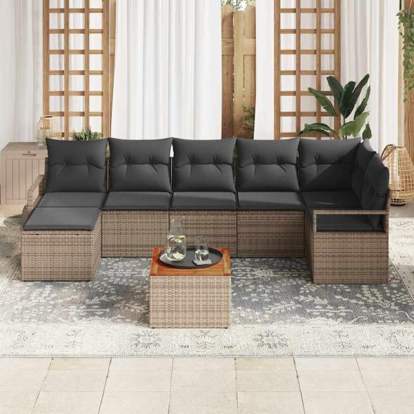 ARDEBO.de - 8-teiliges Garten-Sofa-Set mit Kissen Grau Poly Rattan Akazie, 2-Sitzer Garten-Sofa mit Stauraum & Kissen Grau Poly Rattan