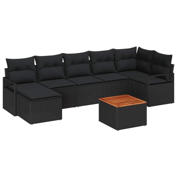 8-teiliges Garten Sofa Set mit Kissen Schwarz Poly Rattan Akazie, 2-Sitzer Garten Sofa mit Stauraum & Kissen Schwarz Poly Rattan